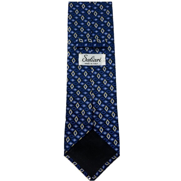 Saliari Italian 100% Silk Blue Geometric Diamond Pattern Necktie  57.75" x 4" - Picture 3 of 5